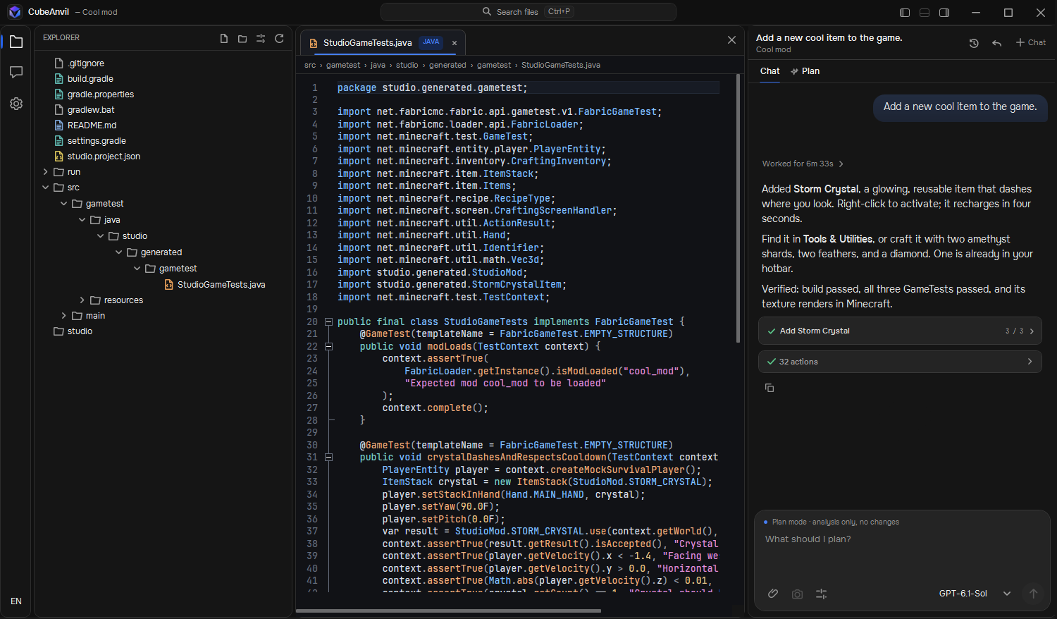 The built-in code editor with a Java game test file open next to the project explorer