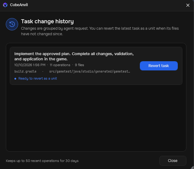 Task change history dialog with a Revert task button