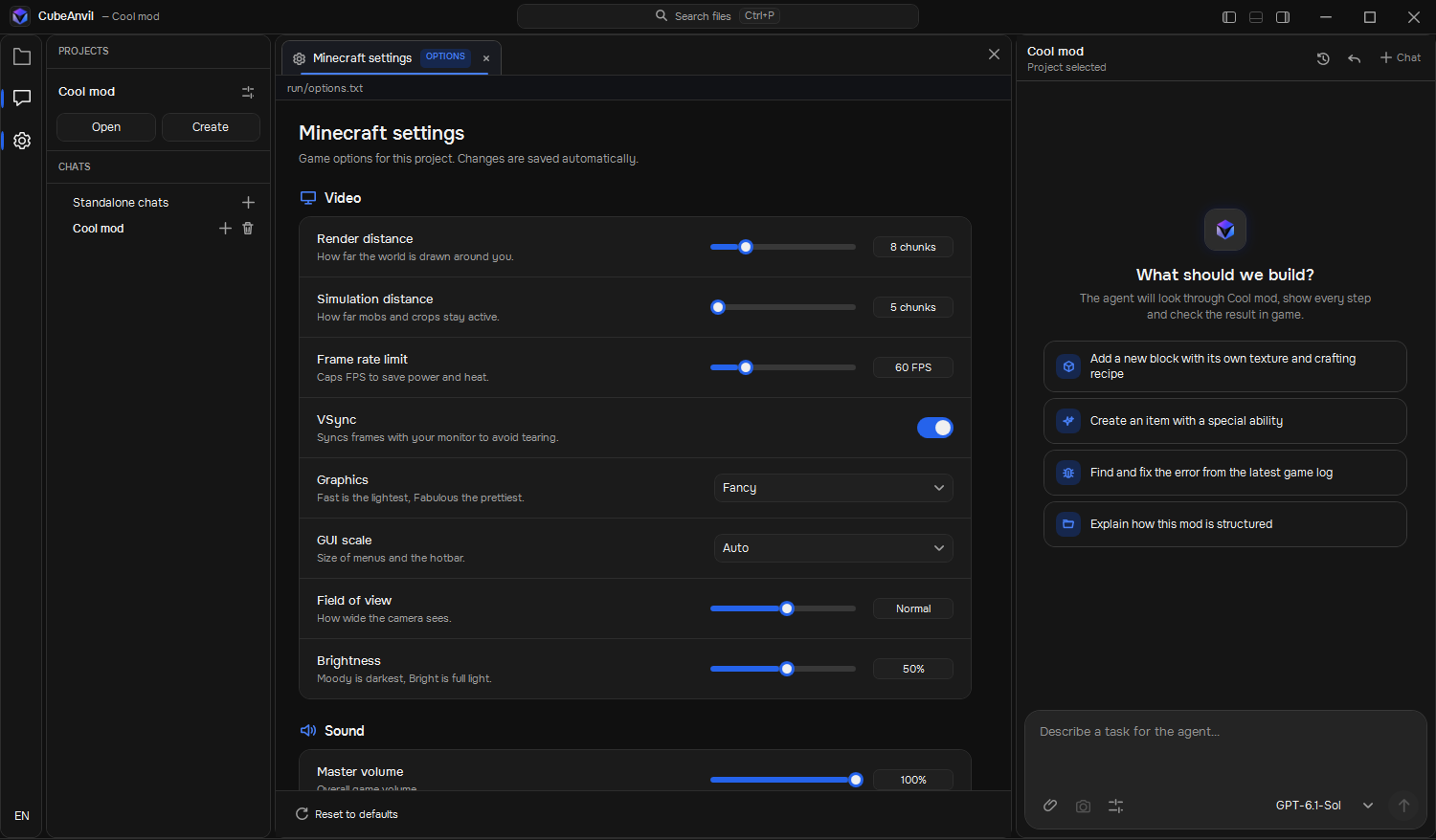 Minecraft settings built into CubeAnvil: render distance, frame rate, VSync, graphics and more